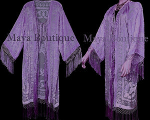 Lavender Fringes Jacket Kimono Silk Burnout Velvet Flapper Style Maya Matazaro