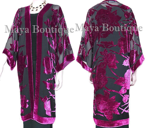 Magenta Long Kimono Jacket Silk Burnout Velvet No Fringe Maya Matazaro