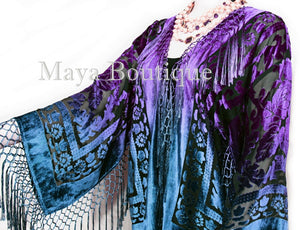 Maya Matazaro Art to Wear Burnout Velvet Kimono Jacket Hand Dyed Teal Purple