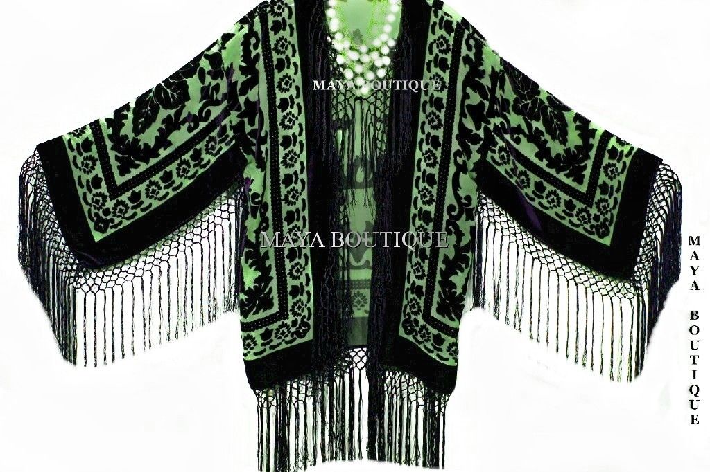 Green & Black Fringe Jacket Kimono Bolero Silk Burnout Velvet Maya Matazaro