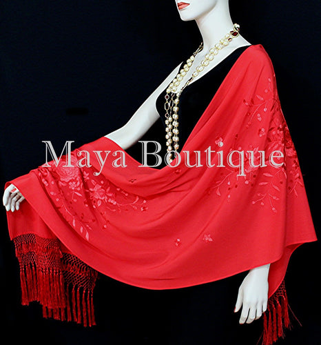 Red Embroidered Silk Wrap Shawl Scarf Oblong with Fringes Maya Matazaro