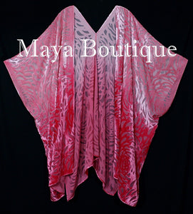 Maya Matazaro Coral Ombre Camellia Burnout Velvet Caftan Kimono Jacket Hand Dyed