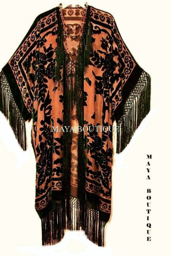 Fringe Jacket Kimono Duster Silk Burnout Velvet Tangerine Black Maya Matazaro