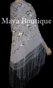 Flamenco Embroidered Silk Piano Shawl Wrap Silver Multi Flower & Birds 84" Maya