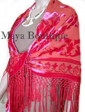 Coral Silk Burnout Velvet Piano Shawl Wrap Fringed Scarf Maya Matazaro