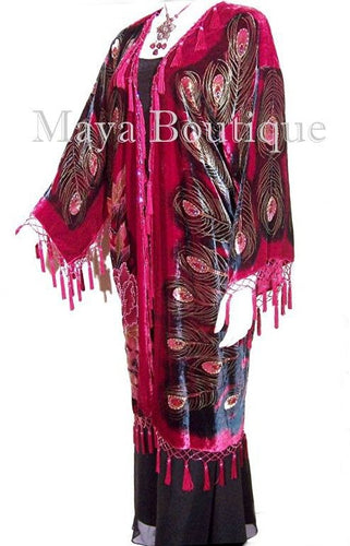 Red Beaded Peacock Duster Kimono Opera Coat Silk Velvet Maya Matazaro