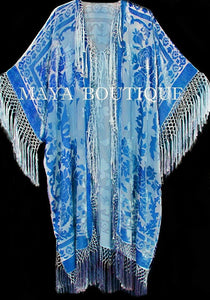 Maya Matazaro Sky Blue Silk Burnout Velvet Fringe Jacket Kimono Duster Plus