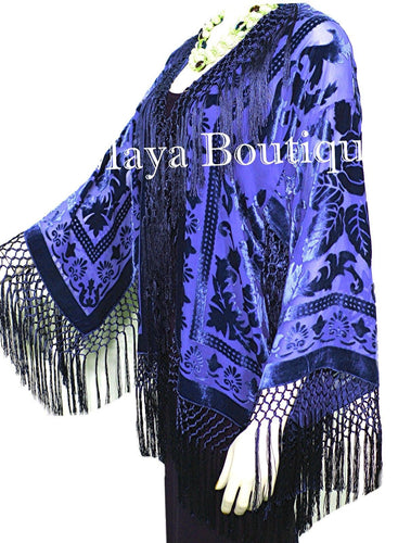 Royal Blue Short Flapper Fringe Jacket Kimono Silk Burnout Velvet Maya Jacket