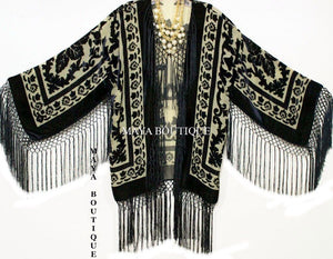 Maya Matazaro Fringe Jacket Kimono Bolero Silk Burnout Velvet Beige & Black