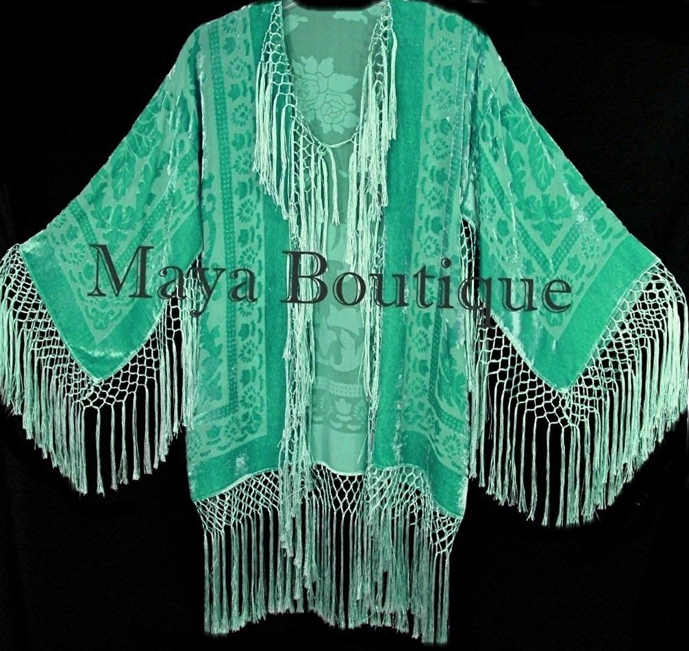 Lucite Green Kimono Silk Burnout Velvet Fringe Jacket Short Maya Matazaro
