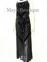 Black Dress Gown Fringe Flapper Style Beaded Burnout Silk Velvet Maya XL