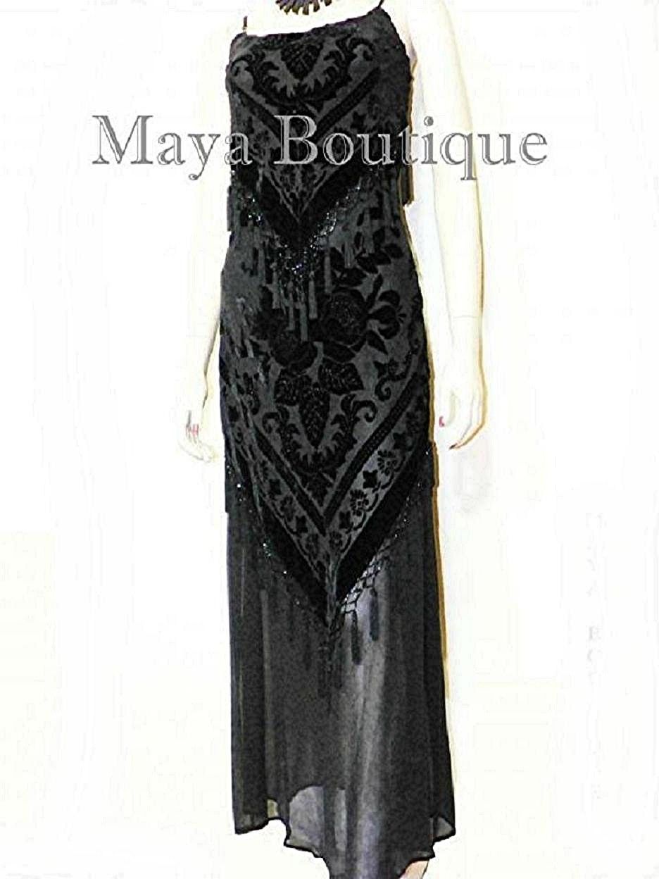 Black Dress Gown Fringe Flapper Style Beaded Burnout Silk Velvet Maya XL