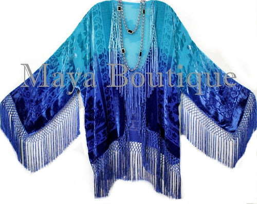 Wearable Art Silk Burnout Velvet Fringe Jacket Flapper Style Hand Dyed Maya Plus