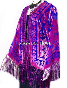 Rose & Blue Fringe Jacket Burnout Velvet Short Kimono Maya Matazaro