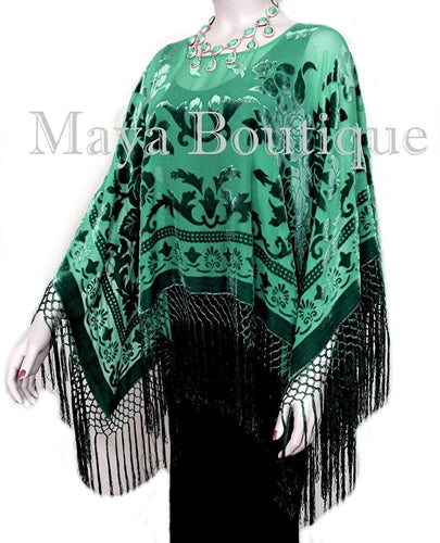 Emerald Green Silk Burnout Velvet Poncho Fringe Top Shawl Maya Matazaro