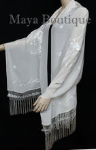 Ivory Embroidered Silk Wrap Shawl Scarf Oblong with Fringes Maya Matazaro