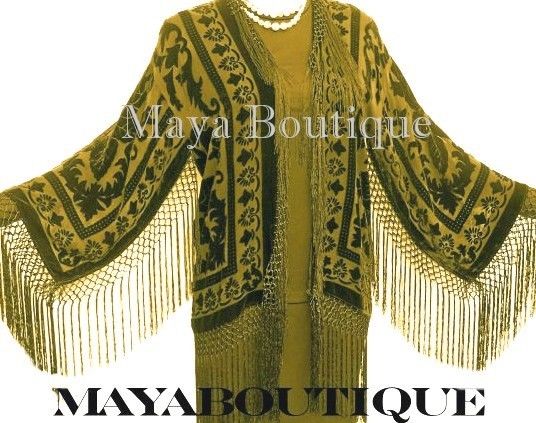 Olive Green Silk Burnout Velvet Fringe Jacket Short Kimono Maya Matazaro