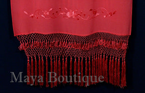 Red Embroidered Silk Wrap Shawl Scarf Oblong with Fringes Maya Matazaro