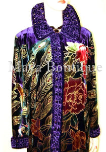 Opera Coat Duster Silk Velvet Purple Braded Collar Wearable Art 2X / 3X Maya