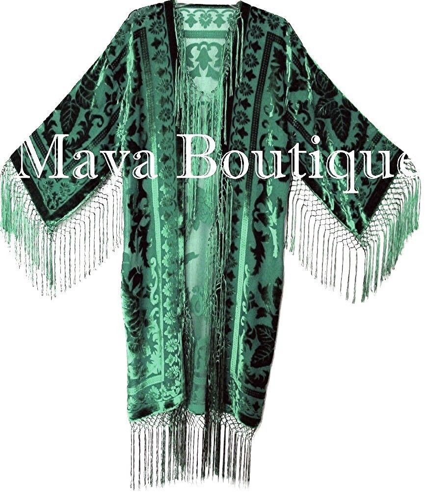 Emerald Green Kimono Long Fringe Jacket Burnout Velvet Maya Matazaro
