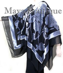 Maya Matazaro Layered Poncho Top Silk Burnout Velvet & Chiffon Silver Black USA