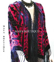 Burnout Velvet Silk Fringe Jacket Kimono Red & Navy Maya Matazaro NEW