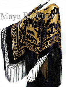 Maya Matazaro Black & Antique Gold Silk Burnout Velvet Poncho Fringed Shawl Top