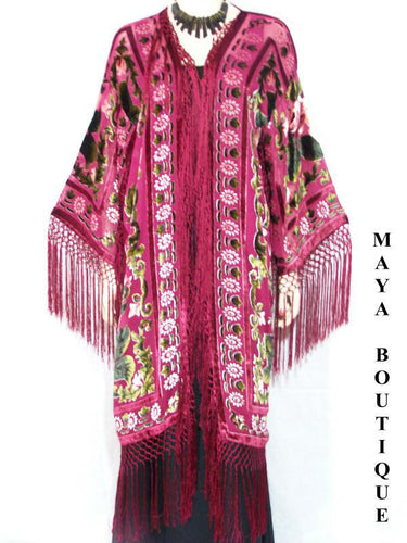 Long Fringe Jacket Kimono Silk Burnout Velvet Wine Red Multi