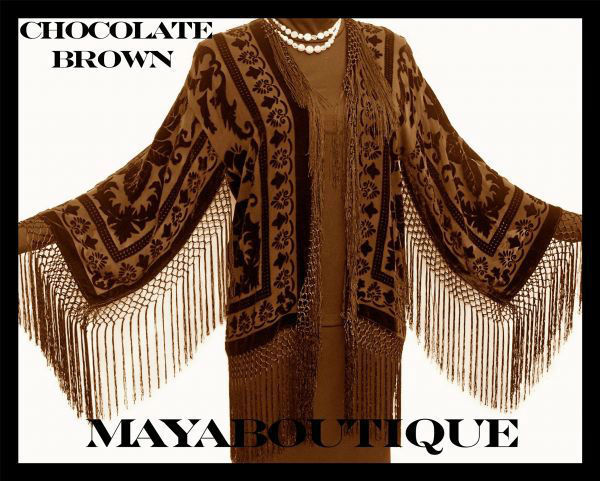 Silk Burnout Velvet Fringe Jacket Kimono Bolero Chocolate Brown Maya Matazaro