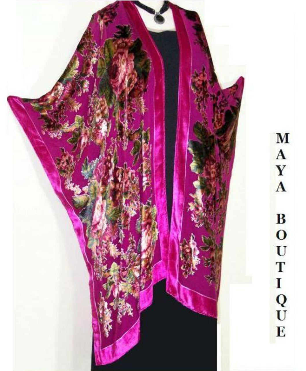 Silk Caftan Kimono Jacket Velvet Fuchsia Multi Gypsy Rose No Fringes Maya