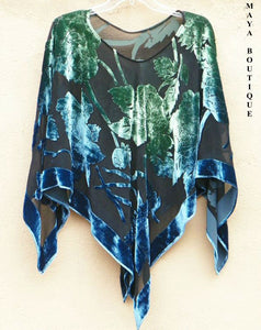 Poncho Top Silk Burnout Velvet MAYA Dyed Stained Glass Collection Green & Blue