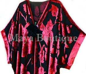 Silk Burnout Velvet Jacket Kimono Duster Red & Black No Fringe Maya Matazaro