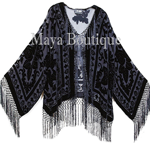 Fringe Jacket Burnout Velvet Short Kimono Black Maya Matazaro Plus size