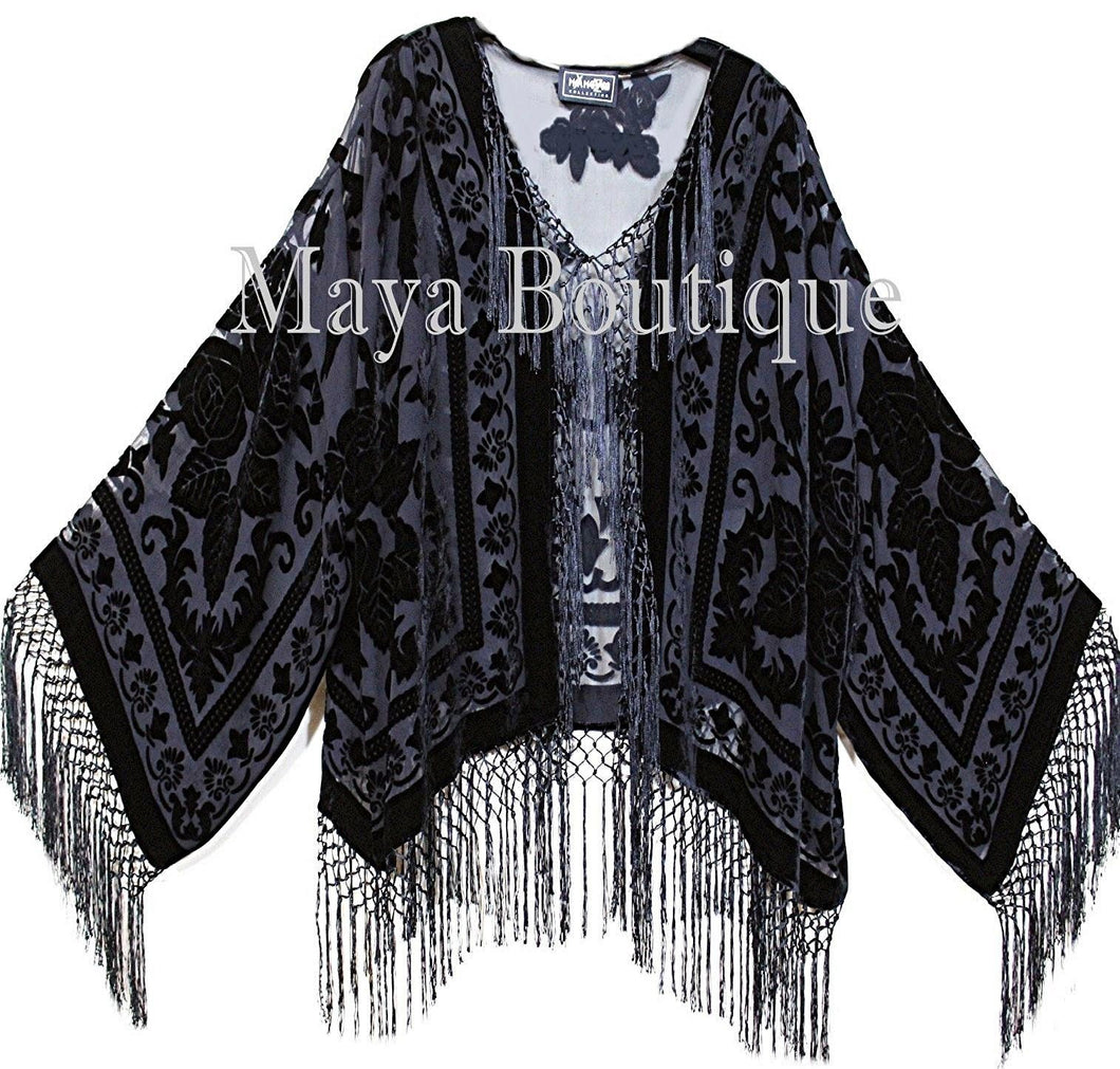 Fringe Jacket Burnout Velvet Short Kimono Black Maya Matazaro Plus size
