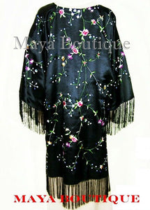 Silk Kimono Duster Coat Kimono All Embroidered & Lined Black Maya Matazaro
