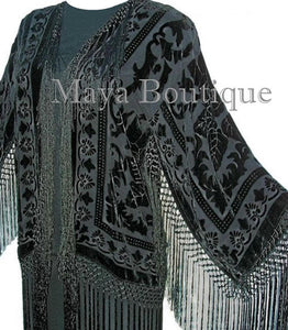 Flapper Fringe Jacket Kimono Black Rayon Blend Burnout Velvet Short Maya Jacket