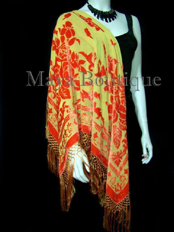 Piano Shawl Wrap Scarf Silk Burnout Velvet Orange Gold Maya Matazaro