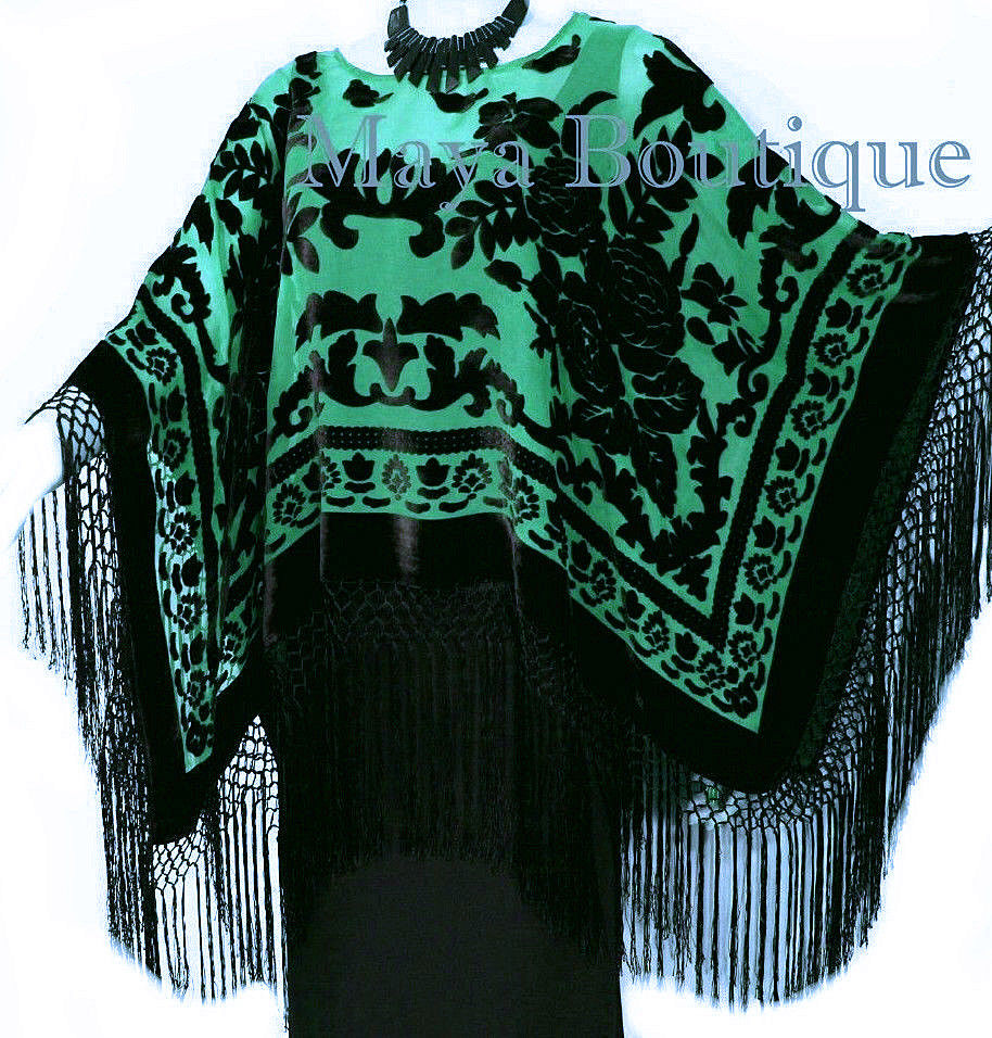 Maya Matazaro Green & Black Silk Burnout Velvet Poncho Shawl Top With Fringes