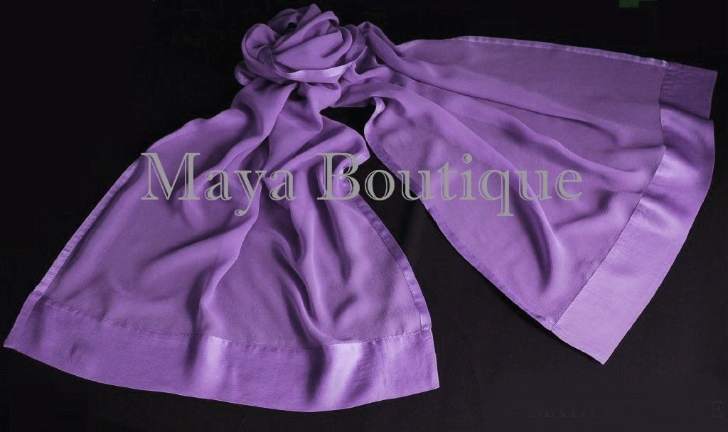 Lavender Chiffon Silk Scarf Wrap Sash Satin Border Maya Matazaro NWT