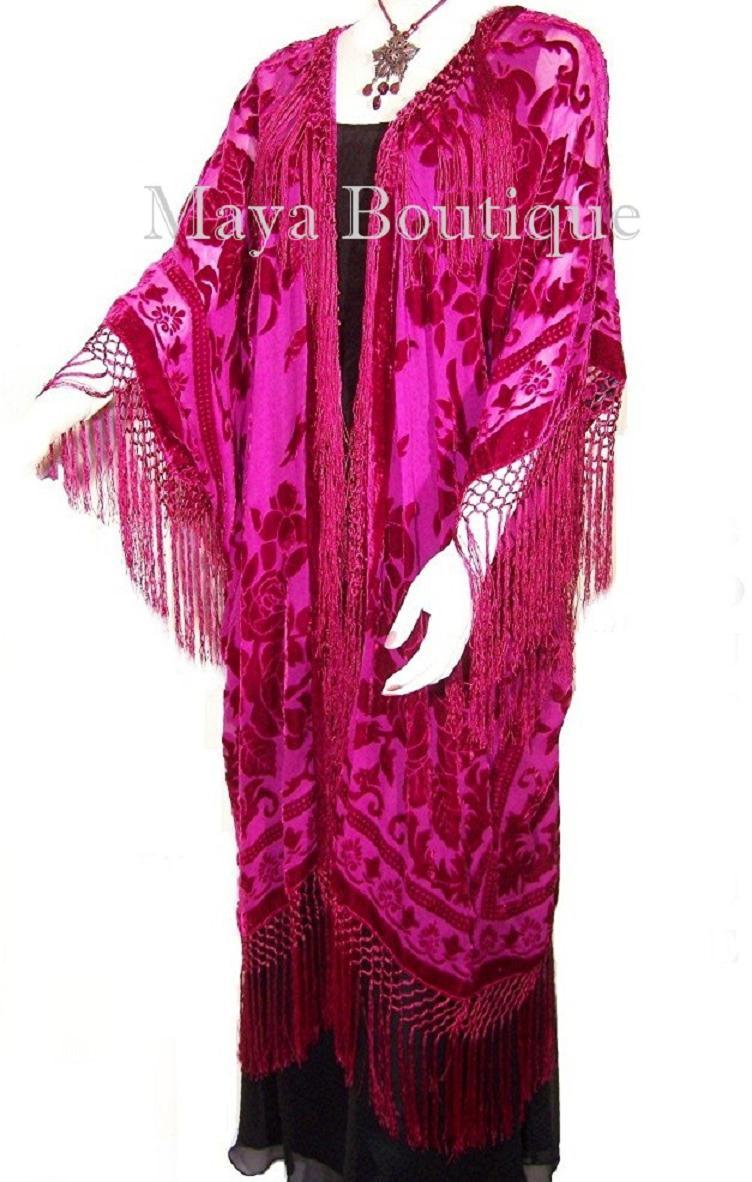 Fuchsia Pink Silk Burnout Velvet Fringe Jacket Kimono Duster Maya Matazaro Plus