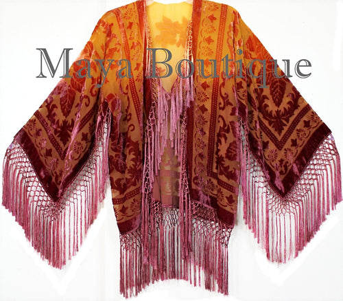 Wearable Art Velvet Kimono Jacket Hand Dyed Tangerine & Coco Short Maya Matazaro