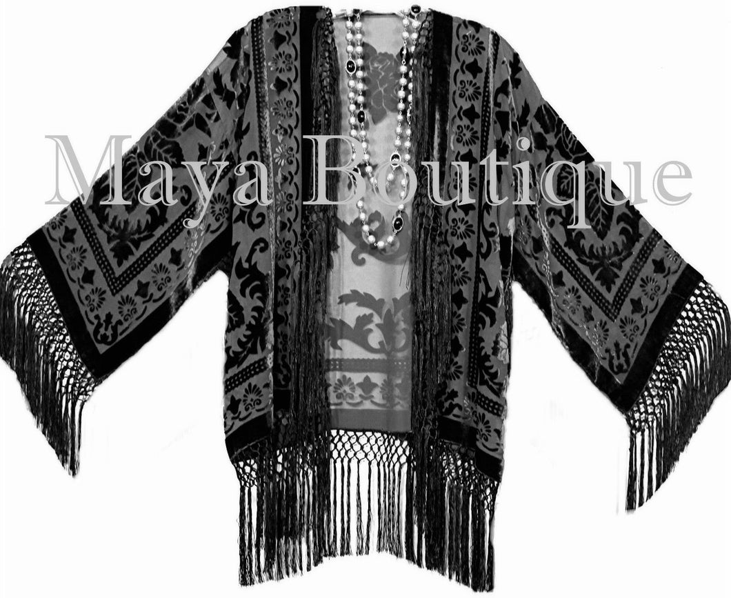 BLACK Kimono Fringe Jacket SILK Burnout Velvet Short Maya Matazaro Plus Size
