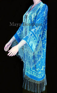 Sky Blue Silk Burnout Velvet Fringes Jacket Kimono Long Coat Maya Matazaro USA
