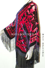 Burnout Velvet Silk Fringe Jacket Kimono Red & Navy Maya Matazaro NEW