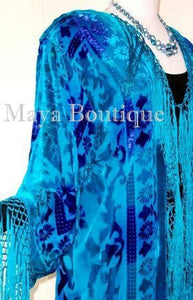 Silk Burnout Velvet Fringes Jacket Kimono Turquoise Blues Tye Dyed Maya Jackets