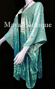 Maya Matazaro Aqua Ombre Camellia Burnout Velvet Caftan Kimono Jacket Hand Dyed