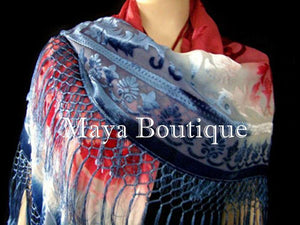 Maya Boutique Hand Dye Poncho Shawl Top Silk Burnout Velvet USA Flag Colors Made In USA