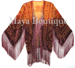 Wearable Art Velvet Kimono Jacket Hand Dyed Tangerine & Coco Short Maya Matazaro