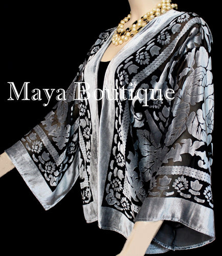 Maya Matazaro Silver Gray Jacket Kimono Burnout Velvet Short No Fringe