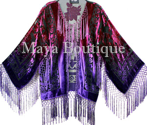 Art to Wear Burnout Velvet Kimono Jacket Hand Dyed Violet Magenta Maya Matazaro